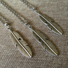 Load image into Gallery viewer, Feather Necklace, Mens Jewelry on Silver Cable Chain, Bohemian Layering Jewelry