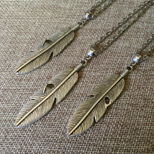 Load image into Gallery viewer, Feather Necklace, Mens Jewelry on Silver Cable Chain, Bohemian Layering Jewelry
