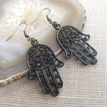 Load image into Gallery viewer, Black Hamsa Earrings- Long Dangle Earrings with Brass Chain