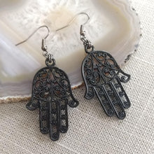 Load image into Gallery viewer, Black Hamsa Earrings- Long Dangle Earrings with Brass Chain