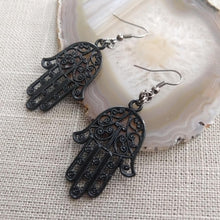 Load image into Gallery viewer, Black Hamsa Earrings- Long Dangle Earrings with Brass Chain