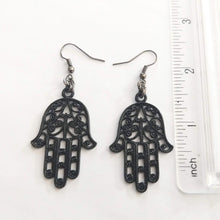 Load image into Gallery viewer, Black Hamsa Earrings- Long Dangle Earrings with Brass Chain