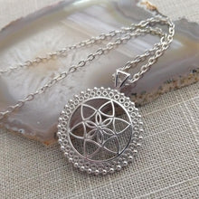 Load image into Gallery viewer, Flower of Life Necklace, Silver Cable Chain, Yoga Meditation Reiki Jewelry