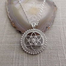 Load image into Gallery viewer, Flower of Life Necklace, Silver Cable Chain, Yoga Meditation Reiki Jewelry