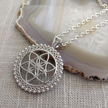 Load image into Gallery viewer, Flower of Life Necklace, Silver Cable Chain, Yoga Meditation Reiki Jewelry