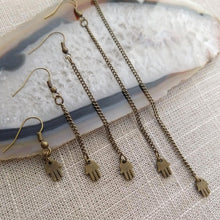 Load image into Gallery viewer, Tiny Hamsa Earrings, Dangle Drop Chain Earring in Your Choice of Five Lengths