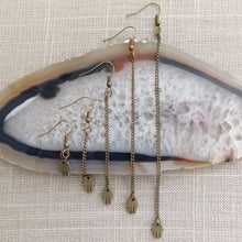 Load image into Gallery viewer, Tiny Hamsa Earrings, Dangle Drop Chain Earring in Your Choice of Five Lengths