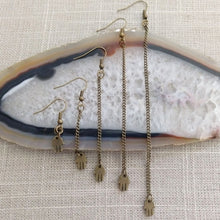 Load image into Gallery viewer, Tiny Hamsa Earrings, Dangle Drop Chain Earring in Your Choice of Five Lengths