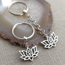 Load image into Gallery viewer, Lotus Flower Ohm Keychain, Yoga Backpack Charm or Zipper Pull