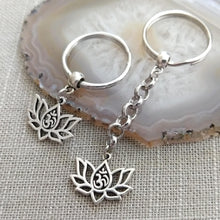 Load image into Gallery viewer, Lotus Flower Ohm Keychain, Yoga Backpack Charm or Zipper Pull