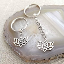 Load image into Gallery viewer, Lotus Flower Ohm Keychain, Yoga Backpack Charm or Zipper Pull