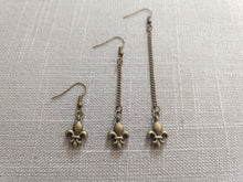 Load image into Gallery viewer, Fleur de Lis Earrings, Dangle Drop Chain Earrings in Your Choice of Three Lengths