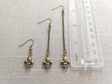 Load image into Gallery viewer, Fleur de Lis Earrings, Dangle Drop Chain Earrings in Your Choice of Three Lengths