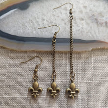Load image into Gallery viewer, Fleur de Lis Earrings, Dangle Drop Chain Earrings in Your Choice of Three Lengths