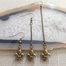 Load image into Gallery viewer, Fleur de Lis Earrings, Dangle Drop Chain Earrings in Your Choice of Three Lengths