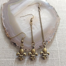 Load image into Gallery viewer, Fleur de Lis Earrings, Dangle Drop Chain Earrings in Your Choice of Three Lengths