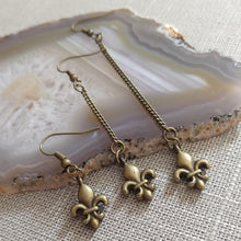 Load image into Gallery viewer, Fleur de Lis Earrings, Dangle Drop Chain Earrings in Your Choice of Three Lengths