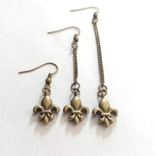 Load image into Gallery viewer, Fleur de Lis Earrings, Dangle Drop Chain Earrings in Your Choice of Three Lengths