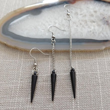 Load image into Gallery viewer, Black Spike Earrings - Long Dangle Earrings with Silver Curb Chain