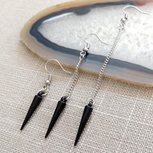 Load image into Gallery viewer, Black Spike Earrings - Long Dangle Earrings with Silver Curb Chain