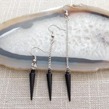 Load image into Gallery viewer, Black Spike Earrings - Long Dangle Earrings with Silver Curb Chain