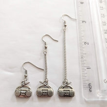 Load image into Gallery viewer, Boombox Earrings, Ghetto Blaster Radio Music, Your Choice of Five Lengths, Long Dangle Chain Drop