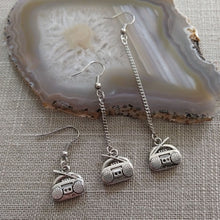 Load image into Gallery viewer, Boombox Earrings, Ghetto Blaster Radio Music, Your Choice of Five Lengths, Long Dangle Chain Drop