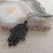 Load image into Gallery viewer, Hamsa Necklace in Black - Hamsa Charm on Thin Gunmetal Chain - Mens Hamsa Necklace