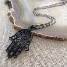 Load image into Gallery viewer, Hamsa Necklace in Black - Hamsa Charm on Thin Gunmetal Chain - Mens Hamsa Necklace