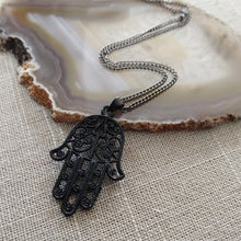 Load image into Gallery viewer, Hamsa Necklace in Black - Hamsa Charm on Thin Gunmetal Chain - Mens Hamsa Necklace