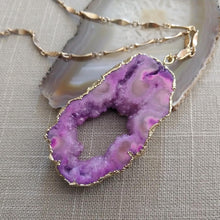 Load image into Gallery viewer, Purple Agate Geode Slice Necklace with Druzy Inclusion - Bohemian Festival Jewelry