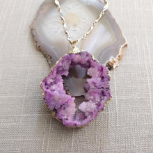 Load image into Gallery viewer, Geode Slice Necklace, Chunky Purple Druzy Statement Jewelry, Vintage Brass Chain