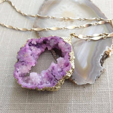 Load image into Gallery viewer, Geode Slice Necklace, Chunky Purple Druzy Statement Jewelry, Vintage Brass Chain