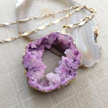 Load image into Gallery viewer, Geode Slice Necklace, Chunky Purple Druzy Statement Jewelry, Vintage Brass Chain