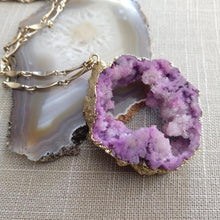 Load image into Gallery viewer, Geode Slice Necklace, Chunky Purple Druzy Statement Jewelry, Vintage Brass Chain