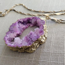 Load image into Gallery viewer, Geode Slice Necklace, Chunky Purple Druzy Statement Jewelry, Vintage Brass Chain