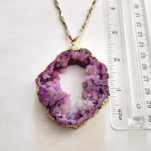 Load image into Gallery viewer, Geode Slice Necklace, Chunky Purple Druzy Statement Jewelry, Vintage Brass Chain