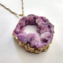 Load image into Gallery viewer, Geode Slice Necklace, Chunky Purple Druzy Statement Jewelry, Vintage Brass Chain