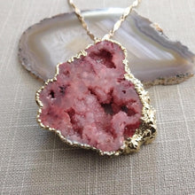 Load image into Gallery viewer, Red Geode Slice Necklace, Chunky Agate Druzy Statement Jewelry, Vintage Brass Chain