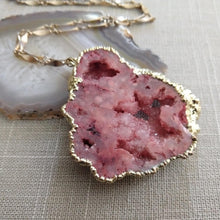 Load image into Gallery viewer, Red Geode Slice Necklace, Chunky Agate Druzy Statement Jewelry, Vintage Brass Chain