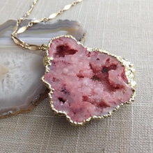 Load image into Gallery viewer, Red Geode Slice Necklace, Chunky Agate Druzy Statement Jewelry, Vintage Brass Chain