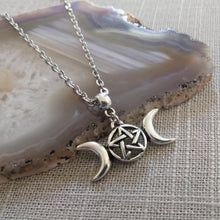 Load image into Gallery viewer, Wiccan Triple Moon Necklace on Silver Cable Chain