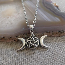 Load image into Gallery viewer, Wiccan Triple Moon Necklace on Silver Cable Chain