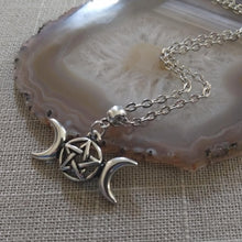Load image into Gallery viewer, Wiccan Triple Moon Necklace on Silver Cable Chain