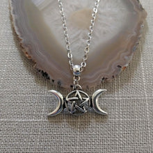 Load image into Gallery viewer, Wiccan Triple Moon Necklace on Silver Cable Chain