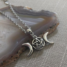 Load image into Gallery viewer, Wiccan Triple Moon Necklace on Silver Cable Chain