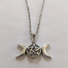 Load image into Gallery viewer, Wiccan Triple Moon Necklace on Silver Cable Chain
