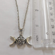 Load image into Gallery viewer, Wiccan Triple Moon Necklace on Silver Cable Chain