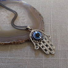 Load image into Gallery viewer, Hamsa Evil Eye Necklace on Gunmetal Thin Curb Chain - Yoga Jewelry