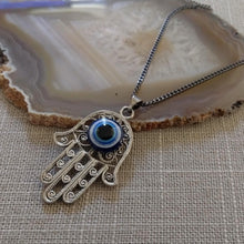 Load image into Gallery viewer, Hamsa Evil Eye Necklace on Gunmetal Thin Curb Chain - Yoga Jewelry